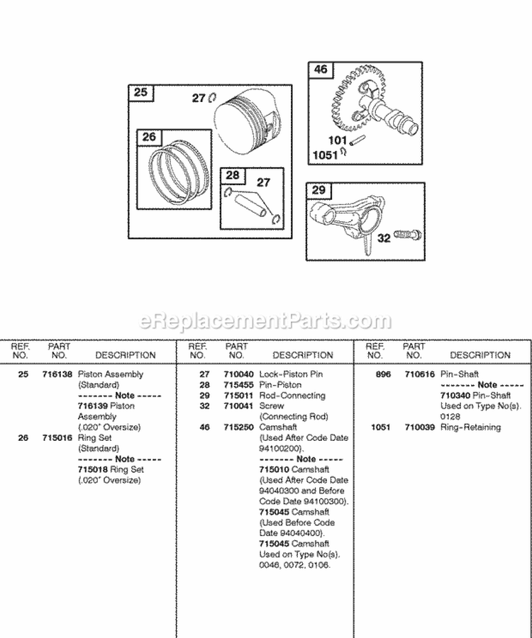 Camshaft Piston Rings Connecting Rod Diagram and Parts List for 115432-0029-01  Briggs and Stratton Engine